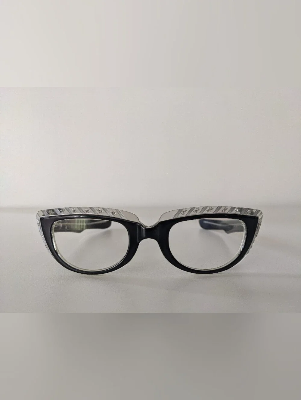 1950s French Cat Eye Frames Rhinestones Etched L. Evrard